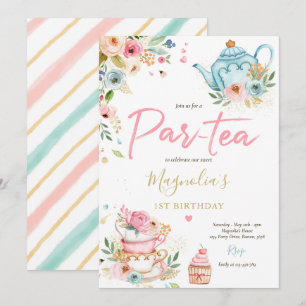 Invitation Thé Fête Anniversaire Fille Rose et or Floral Par 