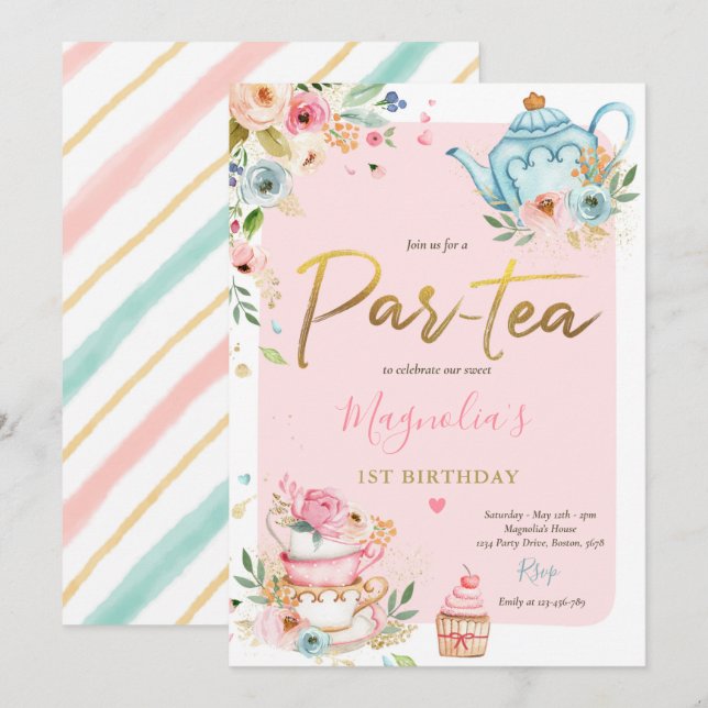 Invitation Thé Fête Anniversaire Fille Rose et or Floral Par  (Devant / Derrière)