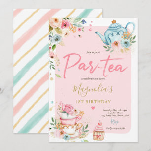 Invitation Thé Fête Anniversaire Fille Rose et or Floral Par 