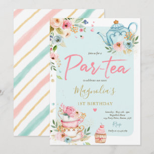 Invitation Thé Fête Anniversaire Fille Rose et or Floral Par 