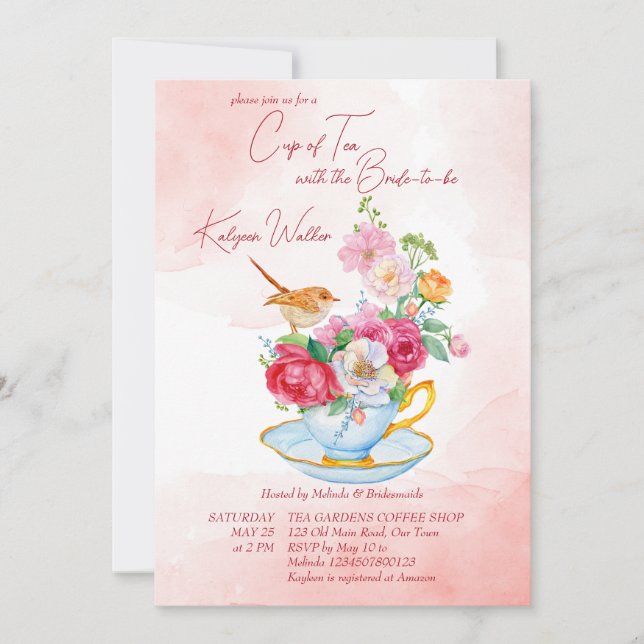 Invitation Thé fête nuptiale tasse de thé avec fleurs rose (Devant)