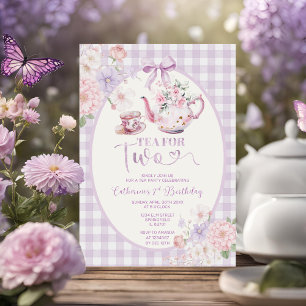 Invitation Thé floral à carreaux violets pour deux 2e anniver