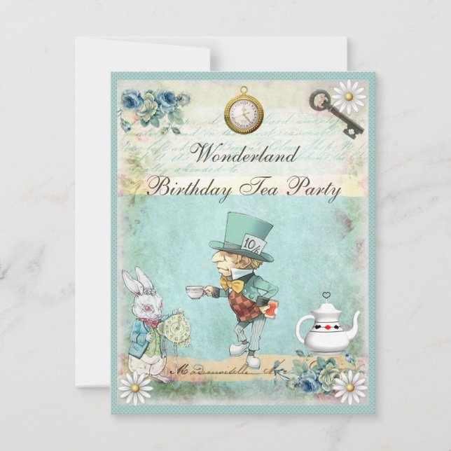 Invitation Thé fou d'anniversaire du pays des merveilles de (Devant)
