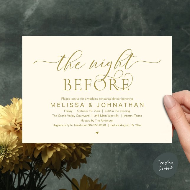 Invitation The Night Before, Classy Wedding Rehearsal Dinner (The Night Before, Classy Wedding Rehearsal Dinner Invitation card PDF Modern aesthetic Yellow Gold)
