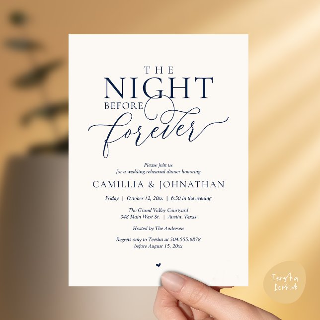 Invitation “The Night Before Forever” Navy Ivory Rehearsal (“The Night Before Forever” Navy Ivory Rehearsal Invitation Card)