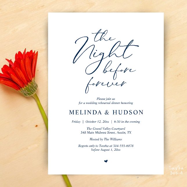 Invitation The Night Before Forever Romantic Rehearsal Dinner (Modern Romantic Wedding Rehearsal Dinner The Night Before Forever Invites Card in Navy Blue)