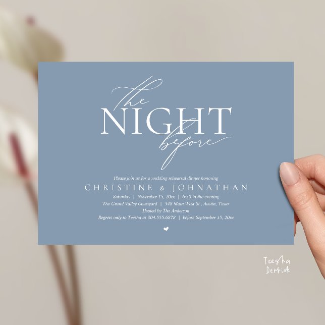 Invitation The Night Before, Modern Wedding Rehearsal Dinner  (The Night Before, Modern Wedding Rehearsal Dinner Invitation Card in Dusty Blue)