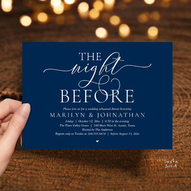 Invitation The Night Before, Modern Wedding Rehearsal Dinner (The Night Before, Modern Romantic Classy Wedding Rehearsal Dinner Invitation Card in navy blue)