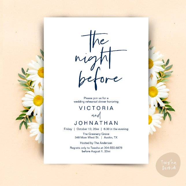 Invitation The Night Before, Wedding Rehearsal Dinner Party (The Night Before, Wedding Rehearsal Dinner Party Invites Card PDF Romantic Modern Casual Navy Blue)