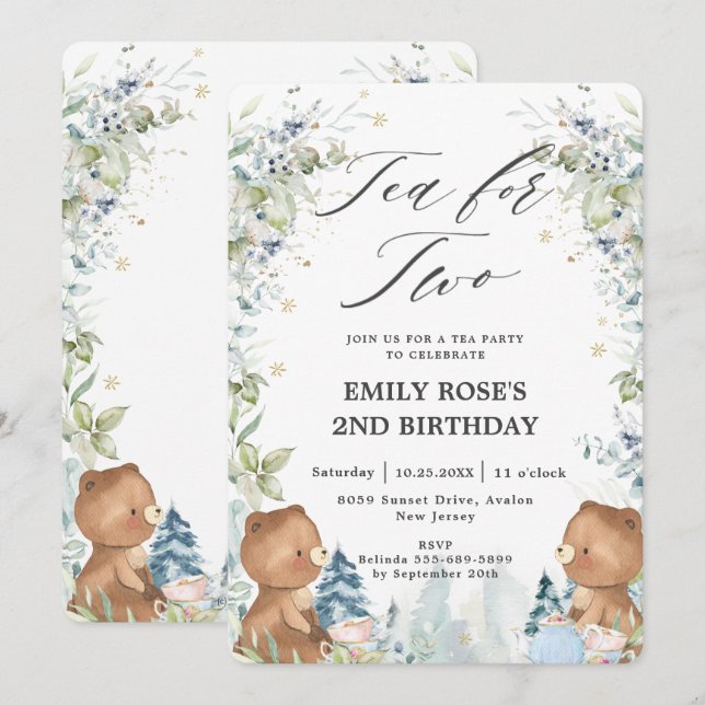 Invitation Thé Nounours mignon pour deux 2e fête d'anniversai (Devant / Derrière)
