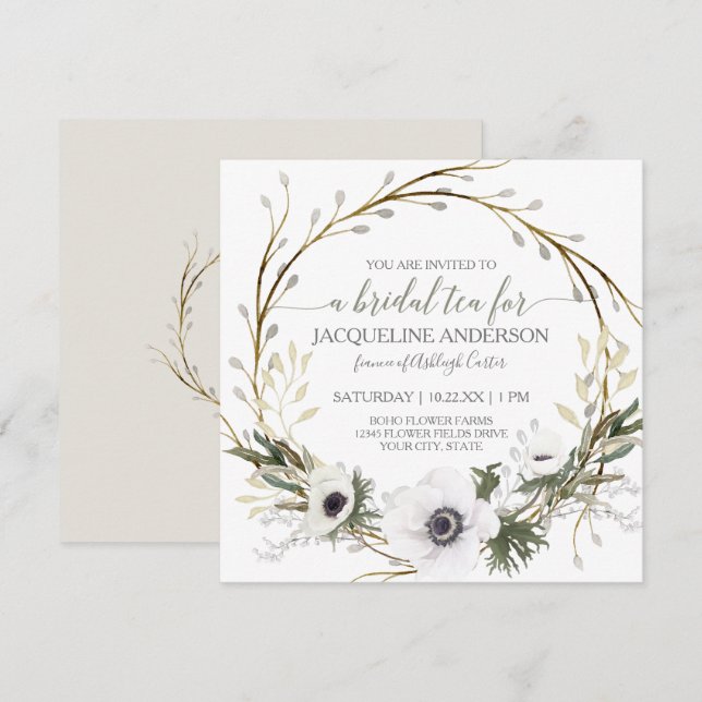 Invitation Thé nuptial blanc de la fougère de l'anémone (Devant / Derrière)