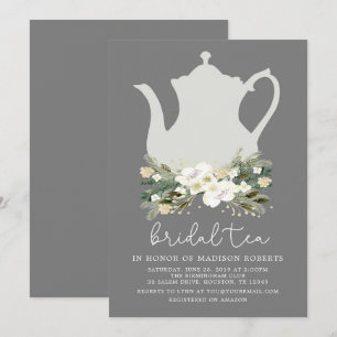 Invitation Thé nuptial gris aquarelle Fleurs