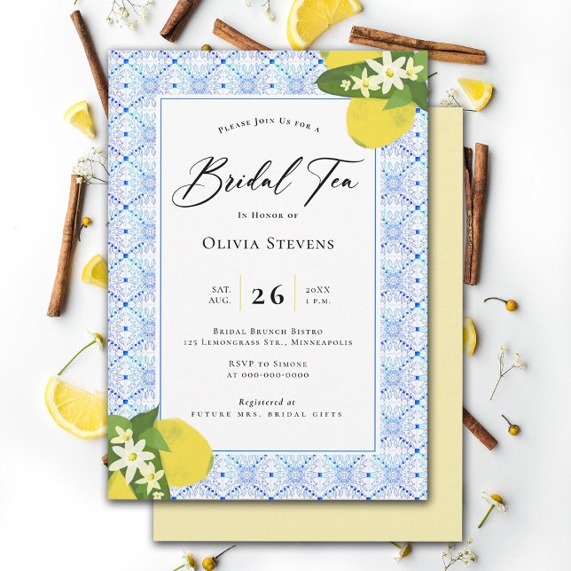 Invitation Thé nuptial moderne Citrons Tuiles portugais Douch (bridal tea party lemons blue tiles modern elegant garden backyard stylish chic classic)