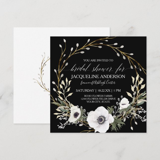 Invitation Thé nuptial noir blanc anémone Eucalyptus vert (Devant / Derrière)