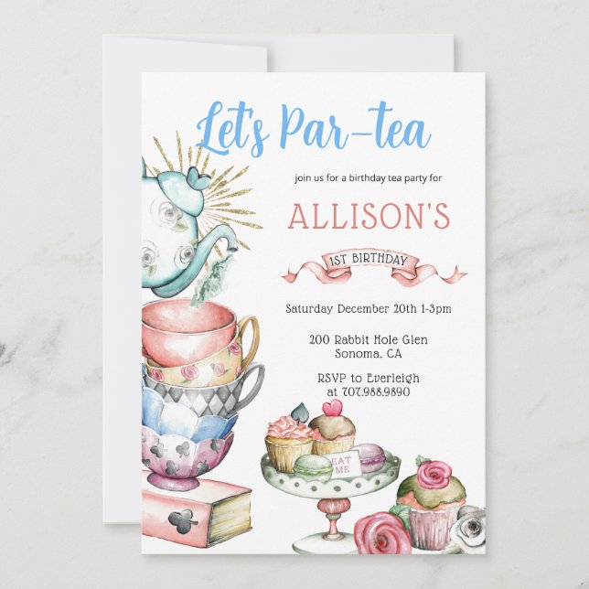 Invitation Thé Par Thé Anniversaire Fille Rose Bleu Or (Devant)