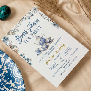 Invitation Thé Party de Mariage Delft Floral Bleu brunch 