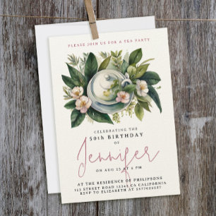 Invitation Thé Party Floral Aquarelle Calligraphie Bohème Chi