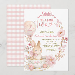 Invitation Thé pour deux 2e anniversaire Lapin Printemps Rose