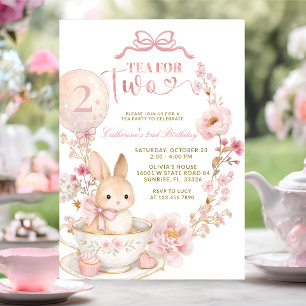 Invitation Thé pour deux 2e anniversaire Lapin Printemps Rose