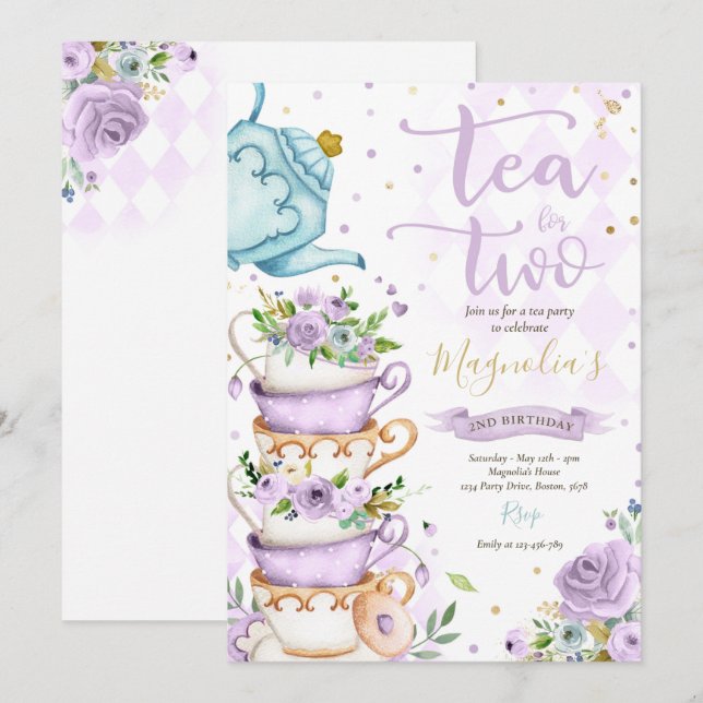 Invitation Thé Pour Deux Anniversaire Fête De Thé Floral Viol (Devant / Derrière)