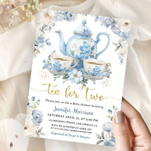 Invitation Thé pour deux bébé Shower Garçon Or Bleu Floral