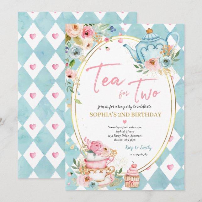 Invitation Thé Pour Deux Fêtes D'Anniversaire Rose Et Gold Fl (Devant / Derrière)