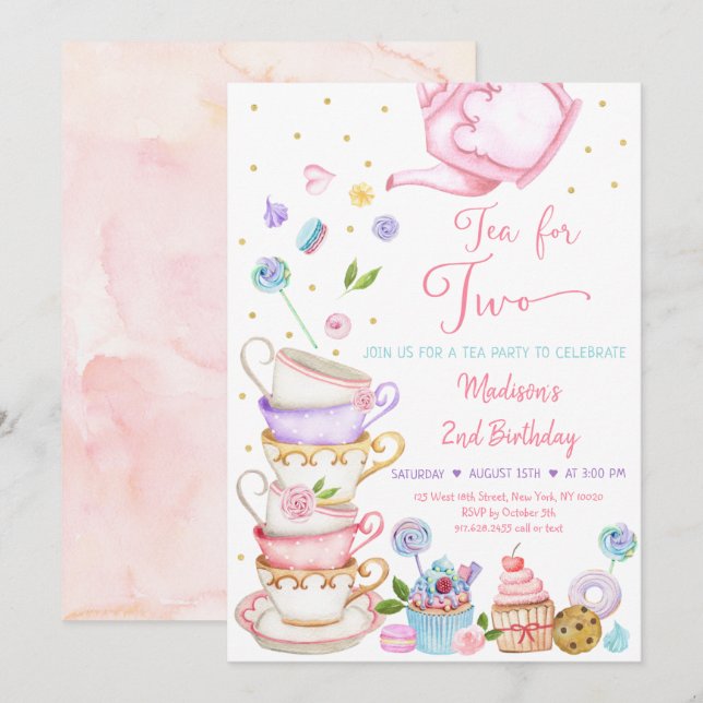 Invitation Thé Pour Deux Fleurs De Thé Rose Anniversaire (Devant / Derrière)