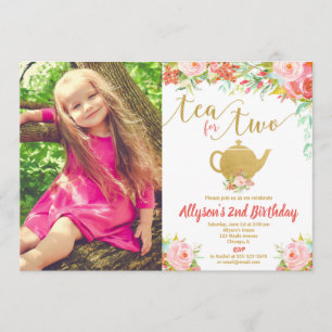Invitation Thé pour deux or rose floral 2e anniversaire photo