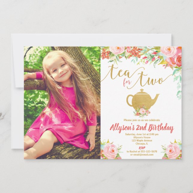 Invitation Thé pour deux or rose floral 2ème anniversaire pho (Devant)