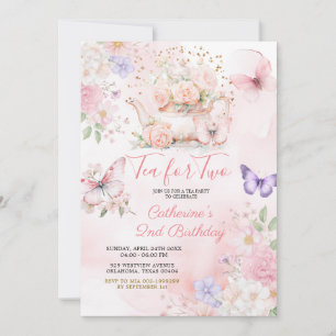 Invitation Thé pour deux papillon de fête rose violet