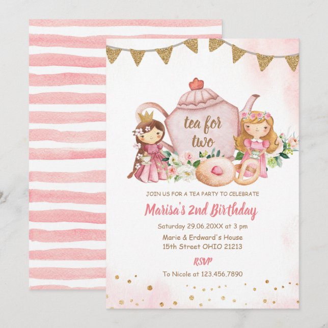 Invitation Thé pour deux princes Thé Royal fête d'anniversair (Devant / Derrière)