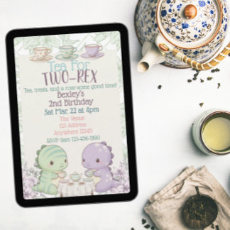 Invitation Thé pour deux-Rex dinosaure pastel 2e anniversaire