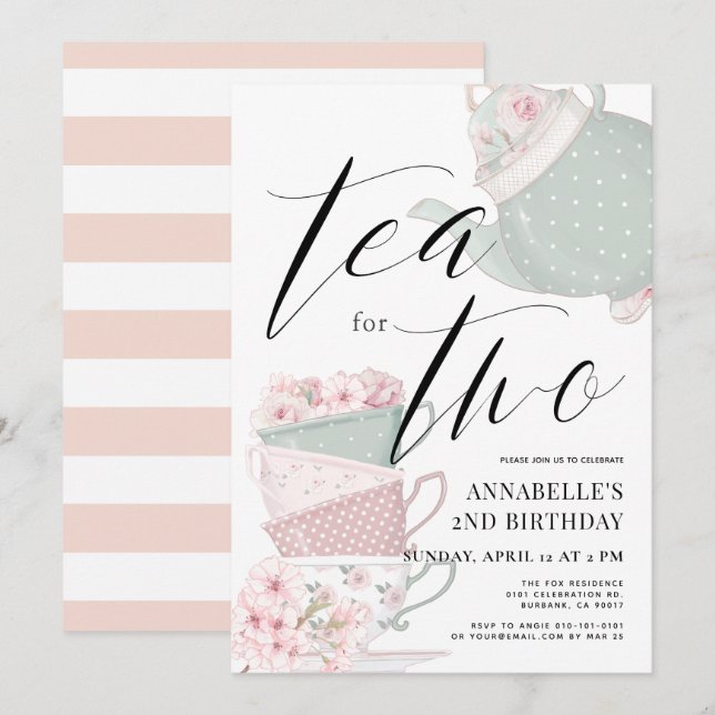 Invitation Thé pour deux Tea Party 2e anniversaire (Devant / Derrière)