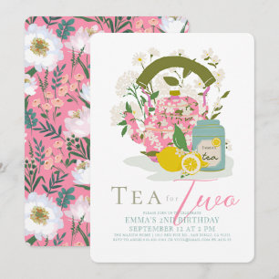 Invitation Thé pour deux Tea Party rose Floral 2e anniversair