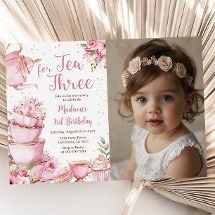 Invitation Thé pour trois 3ème anniversaire fête rose photo f