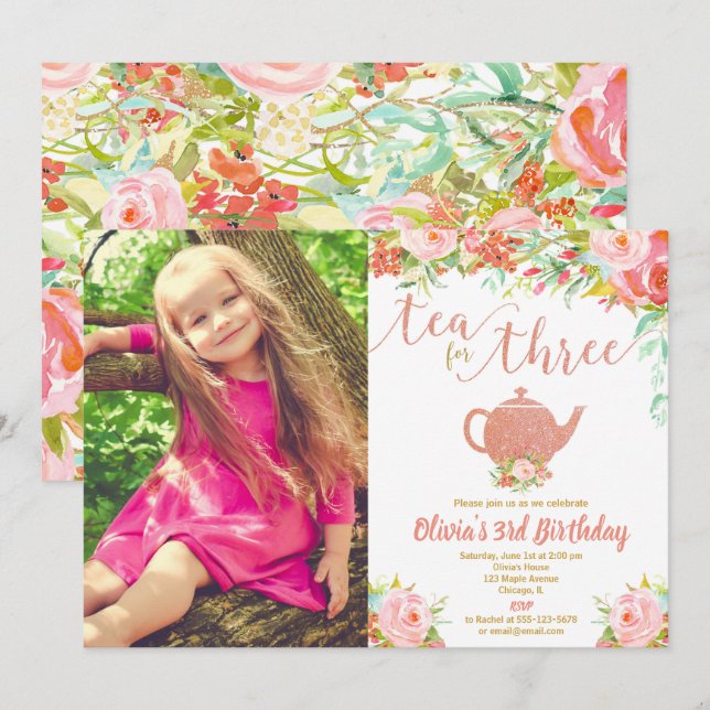 Invitation Thé pour trois roses or 3ème anniversaire photo fl (Devant / Derrière)