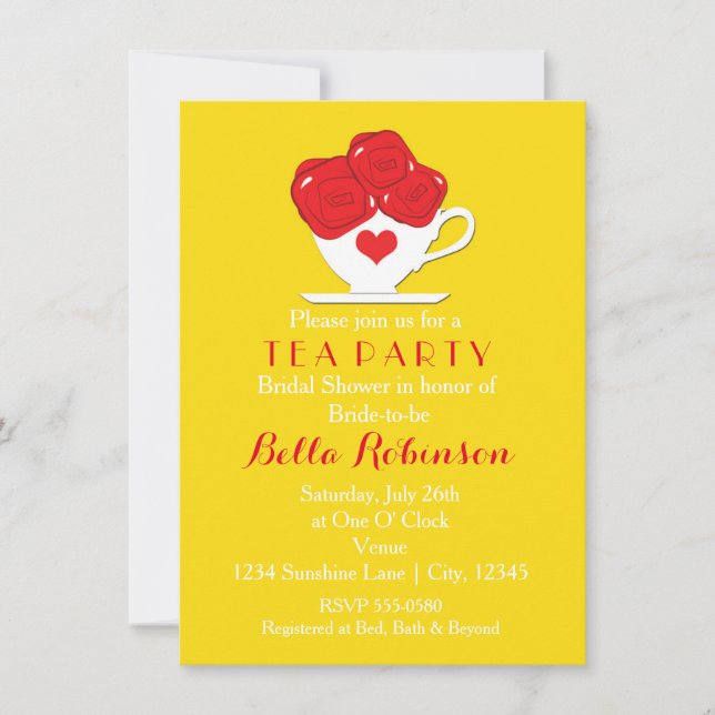 Invitation Thé Reine des Coeurs Jaune + Roses Rouge Invitatio (Devant)