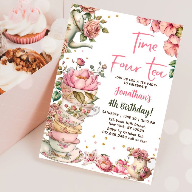 Invitation Thé rose fête temps quatre anniversaire de thé (Créateur téléchargé)