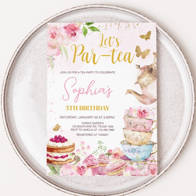 Invitation Thé Rose Or Floral Par Thé Fête Anniversaire (Pink Gold Let's Tea Par-Tea Birthday Party Invitation)