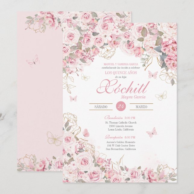 Invitation Thé rose pâle Rose papillon Jardin Quinceanera (Devant / Derrière)