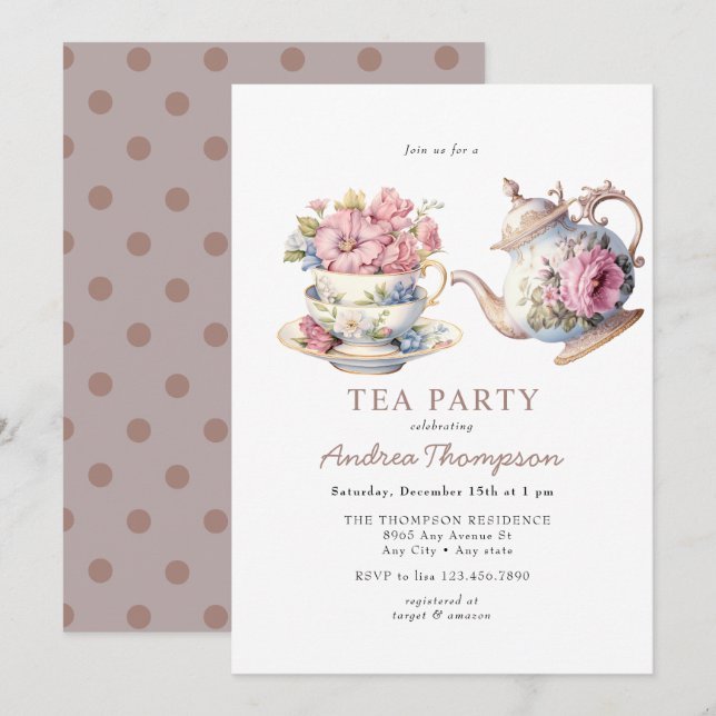 Invitation Thé vintage | Fleurs Tea Party (Devant / Derrière)