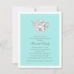 Invitation Théière en Damas Aqua Fête de Mariage et Shower