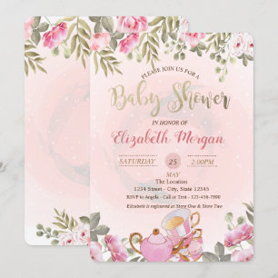 Invitation Théière Florale Aquarelle Macaron Baby Shower