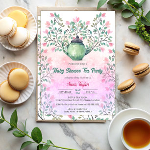 Invitation Théière Florale Élégante pour Baby Shower Tea Part