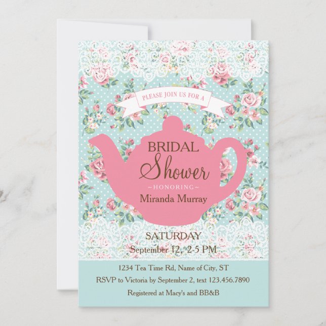 Invitation Théière vintage avec les roses et la frontière de (Devant)