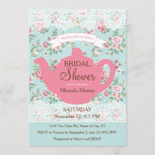 Invitation Théière vintage avec les roses et la frontière de