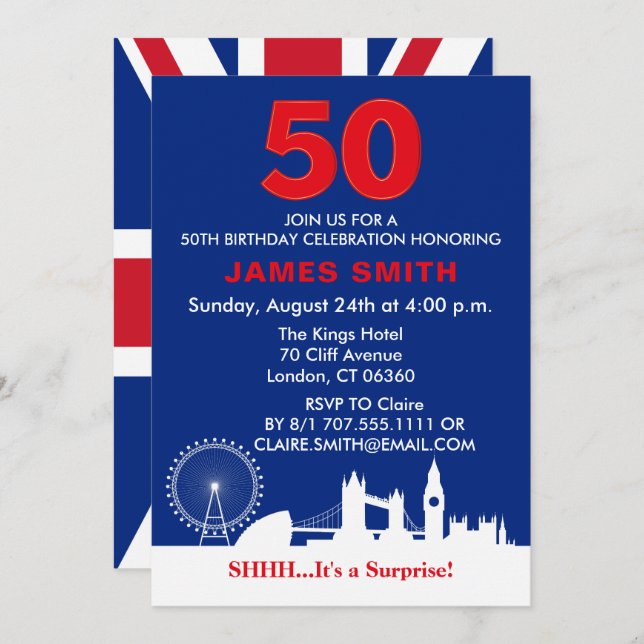 Invitation Thème anglais 50e fête d'anniversaire (Devant / Derrière)