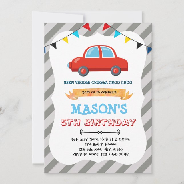 Invitation thème anniversaire petite voiture rouge (Devant)