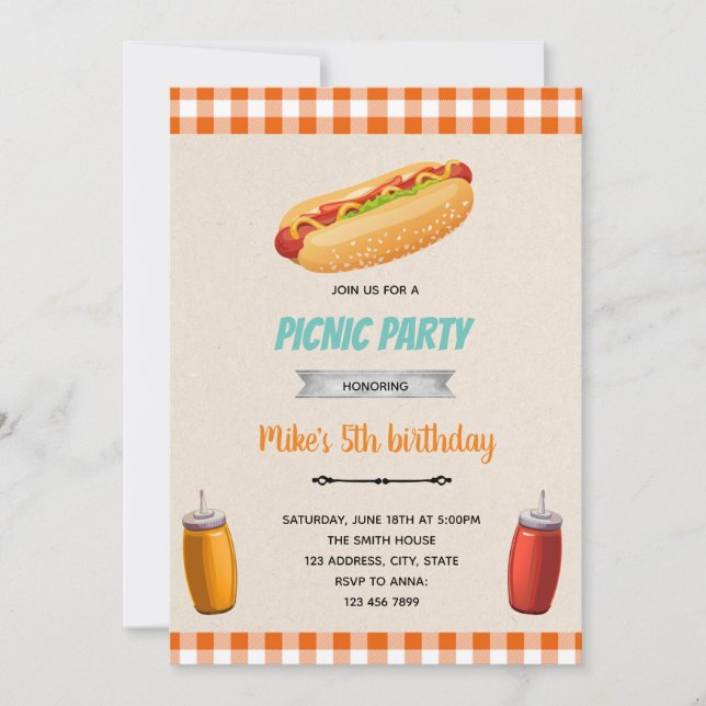 Invitation thème anniversaire pique-nique hotdog (Devant)