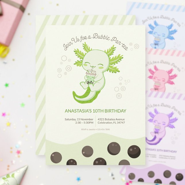 Invitation Thème Axolotl Vert Bubble Boba Tea Anniversaire En (Créateur téléchargé)